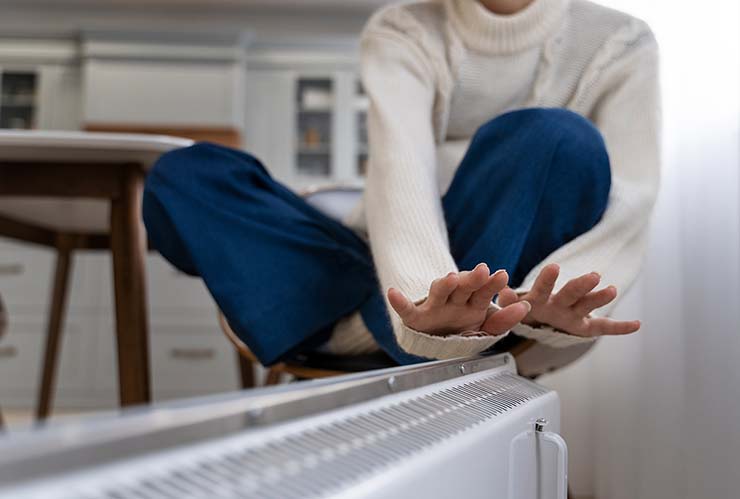 Woman sat over heat pump serviced by Ricks Affordable Heating & Cooling